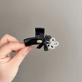 French style black velvet bow hair clip with pearls and elegant golden emblem detail - Black Bow Pearl Style (D-5914-1)