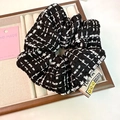 Elegant black and white tweed scrunchie hair tie with check pattern for women - Black And White Tweed (D-4449-5)