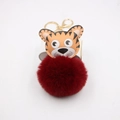 Porte-clés tigre de dessin animé avec pompon en fausse fourrure bordeaux et anneau doré - Porte-clés Doré / Bordeaux