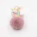 Pink plush unicorn faux fur ball keychain with colorful mane and gold metal hardware - Dusty Pink