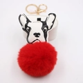 Détail d'un porte-clés pompon rouge avec breloque bouledogue français noir et blanc - Porte-clés pendentif chien dalmatien (MM-1002) / Rouge
