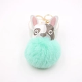 Detail of cute bulldog charm with mint green faux fur pompom and golden metal clasp - Mint Green