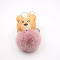 Cute cartoon bear plush keychain with a soft pink pom-pom and golden metal ring - Gold Keychain / Dust Rose