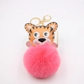 Pendentif tigre en cuir mignon avec pompon en fausse fourrure rose et porte-clés doré - Porte-clés Doré / Rouge pastèque