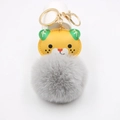 Cartoon tiger plush keychain with orange faux leather and fluffy grey pompom accessory - Gold Keychain / Light Gray