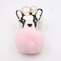 Porte-clés bouledogue français en fausse fourrure rose et cuir noir avec anneau doré - Porte-clés pendentif chien dalmatien (MM-1002) / Rose Clair