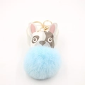 Cute French Bulldog keychain with light blue faux fur pompom and golden metal ring hook - Light Blue