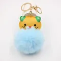 Detailed view of yellow leopard PU head and oversized light blue faux fur ball keychain - Gold Keychain / Light Blue