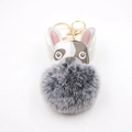 Cute French Bulldog keychain with a grey faux fur pom pom and gold metal clasp - Two-tone Black