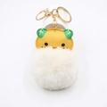Detail of cartoon tiger plush keychain with white faux fur pompom and golden metal ring - Gold Keychain / Off-white