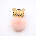 Cartoon tiger leather bag charm with a fluffy pink faux fur pompom and metal keychain - Small Tiger Pendant Keychain / Pink