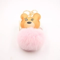 Detail of cute bear plush keychain with pink fur ball and brown leather mascot head - Gold Keychain / Light Pink