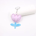 Close-up of pink tulip leather keychain with blue stem and precise stitching details - Daffodil Keychain / Taro Purple