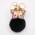 Cute faux leather reindeer keychain with soft black plush pompom and golden clip - Black