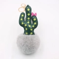 Detail of green leather cactus keychain with gray faux fur pompom and golden clasp - Cactus Gold Keychain / Light Gray