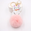 Detail of white PU lucky cat charm with soft pink faux fur pompom and golden keyring - Pink