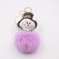 Christmas snowman leather keychain with a purple faux fur pompom and golden metal ring - Taro Purple