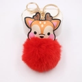 Cute deer plush pom pom keychain with red faux fur ball and golden metal ring - Red