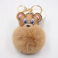 Portachiavi pompon di peluche marrone con testa d'orso in pelle e chiusura in metallo - Cachi