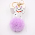 Maneki Neko Plüsch Schlüsselanhänger mit Katzenkopf und lila Kunstfellbommel auf Ständer - Taro-Lila