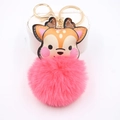 Detailed view of pink plush deer keychain with golden lobster clasp on a white stand - Watermelon red