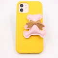 Yellow protective phone case with a cute pink leather bear and brown bow decoration - Pink