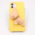 Details zur gelben Silikon-iPhone-Hülle mit süßem Bulldoggen-Zubehör aus braunem Leder - Welpe ohne Metallverschluss / Rosa