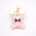 Pink leather bear keychain with red green plaid bowtie and golden metal clasp for bags - Bear Charm / Pink
