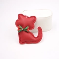 Cute red leather kitten accessory with red and green plaid bow and stitching details - Red