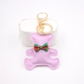 Purple leather bear keychain with plaid bow and golden hardware on white background - Bear Charm / Taro Purple