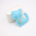 Detailed stitching on blue leather cat pendant with gold chain and engraved metal tag - Light Blue
