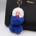 Close-up of a blue plush snowman doll keychain with fluffy fur balls on a black bag - Sapphire Blue