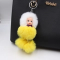 Cute sleeping doll plush pompom keychain with white fur ball charm for bags and purses - Yellow