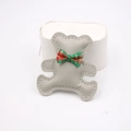 Detail of grey PU leather bear accessory with plaid bowtie and white stitching - High-end Style (Bear Accessory) / Gray