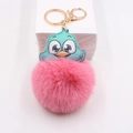 Cartoon Vogel Plüsch Schlüsselanhänger mit blauem PU Kopf und flauschigem rosa Fellknäuel - Pfirsichrosa