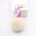 Laser leather unicorn plush keychain with fluffy faux fur ball and gold metal clasp - Unicorn Fur Ball Charm / Off White
