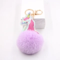 Detailed view of holographic unicorn plush keychain with purple faux fur ball and gold metal clasp - Unicorn Fur Ball Charm / Taro Purple
