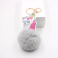 Plush grey unicorn keychain with laser holographic leather finish and gold ring - Unicorn Fur Ball Charm / Light Gray