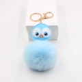 Cute sky blue faux fur pompom owl keychain with golden metal ring and lobster clasp - Light Blue