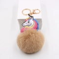 Bunter Einhorn-Schlüsselanhänger mit weichem Kamel-Plüschball und goldenem Karabiner - Khaki