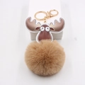 Porte-clés pompon en peluche élan marron avec fermoir doré et charme bois de cerf - Khaki