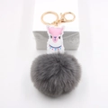 Détail du patch en cuir alpaga et du pompon en fausse fourrure grise du porte-clé - Gris foncé