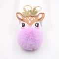 Close-up of a purple plush reindeer keychain with golden sequin antlers and a metal clasp - Taro Purple
