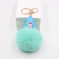 Close-up of mint green faux fur ball keychain with snowman leather Christmas tree charm - Mint Green