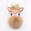 Cute reindeer plush keychain with brown fur ball and gold glitter antlers for bags - Khaki