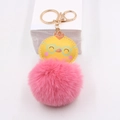 Cute cartoon chicken leather charm with large pink fluffy pompom keychain for backpacks - Little Yellow Chick Pom-pom Pendant / Peach Pink