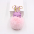 Cute purple leather bunny with pink fluffy pom pom keychain and gold metal clip - Light Pink
