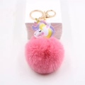 Detailansicht eines rosa Fellbommel-Schlüsselanhängers mit Einhorn-Anhänger und Goldclip - Pfirsichrosa