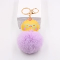 Cute yellow chicken plush pompom keychain with purple faux fur and gold metal clasp - Little Yellow Chick Pom-pom Pendant / Taro Purple