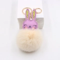 Portachiavi con testa di coniglio viola in pelle e pon pon color crema con anello - Bianco Sporco